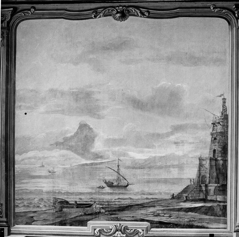 paesaggio marino con promontorio e torre (dipinto) - ambito romano (metà sec. XVIII)