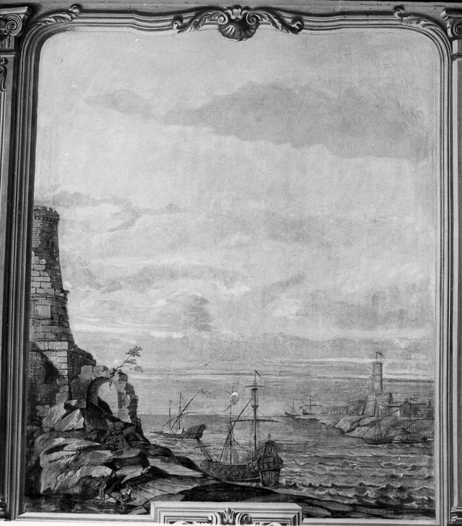paesaggio marino con torre e antico rudere (dipinto) - ambito romano (metà sec. XVIII)