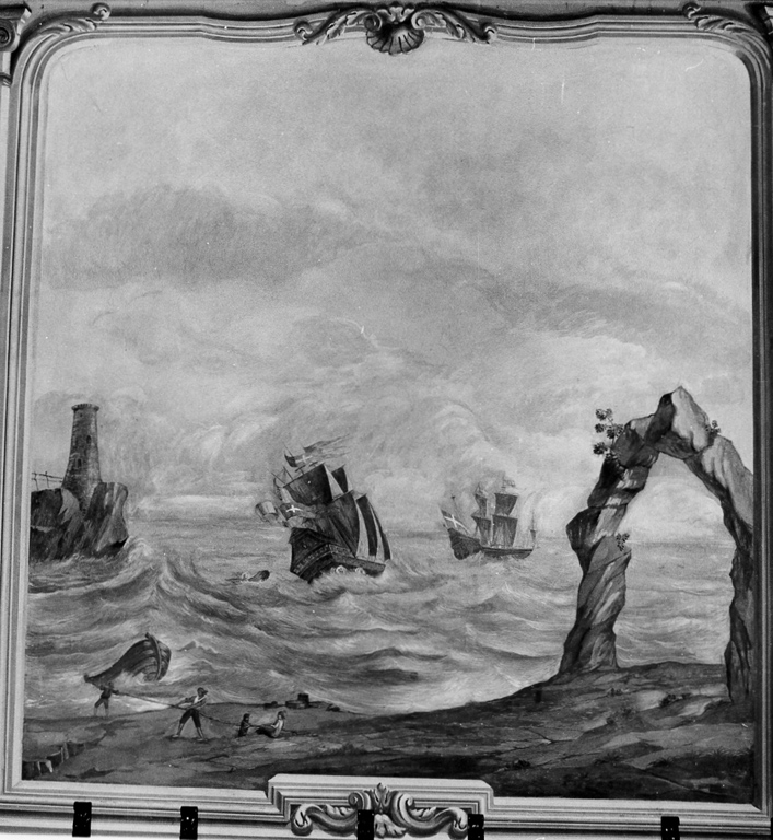 marina in tempesta con arco roccioso e torre (dipinto) - ambito romano (metà sec. XVIII)