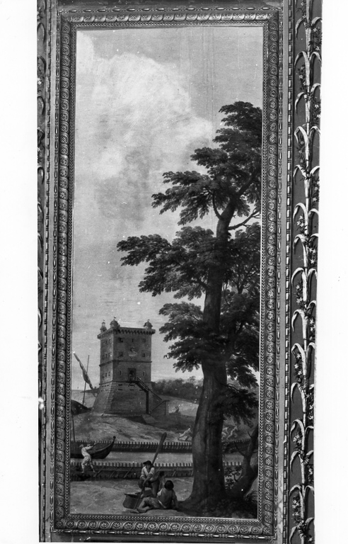 paesaggio lacustre con torre (dipinto) di Angeloni Giovanni (sec. XVIII)