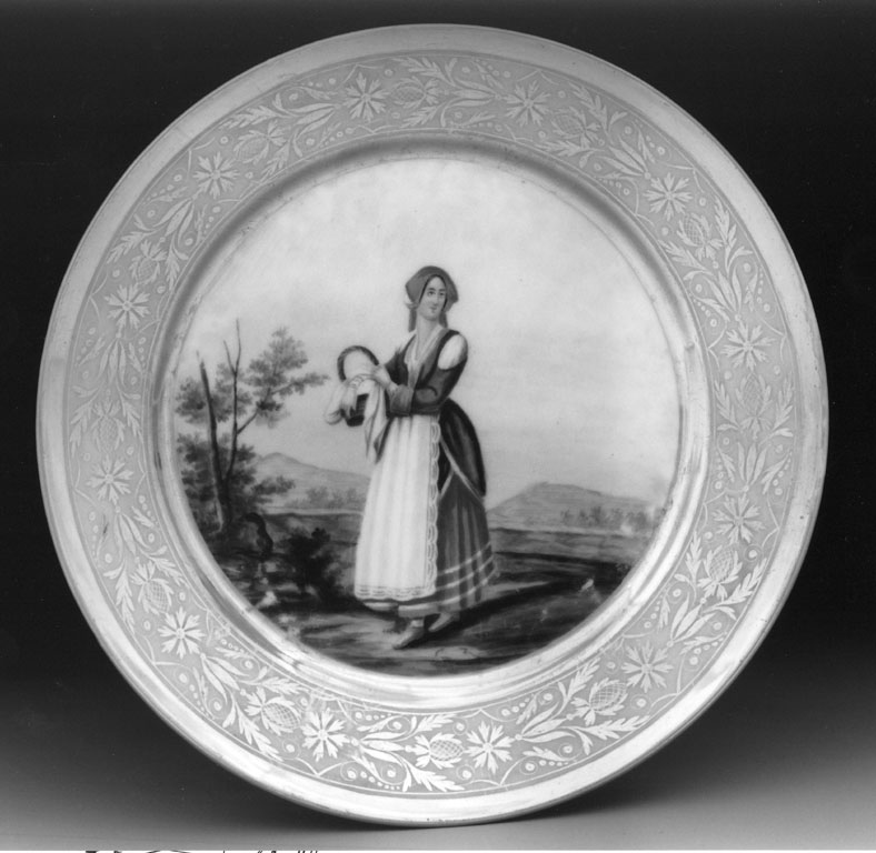 donna col costume di Civitavecchia (piatto) - manifattura napoletana (secondo quarto sec. XIX)