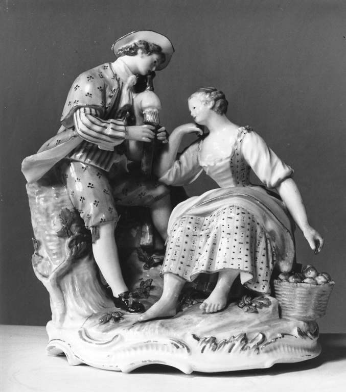 dama, bambino e suonatore di cornamusa (scultura) - manifattura di Meissen (sec. XVIII)