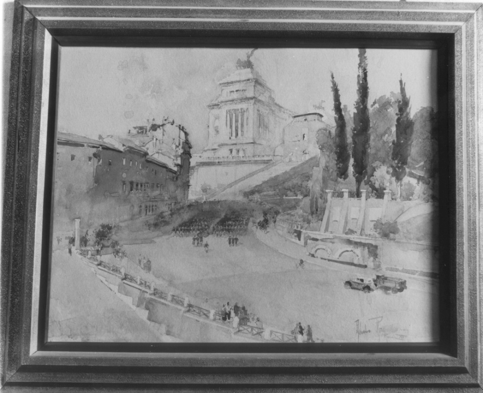 Tor de' Specchi durante una manifestazione fascista (dipinto) - ambito romano (sec. XX)