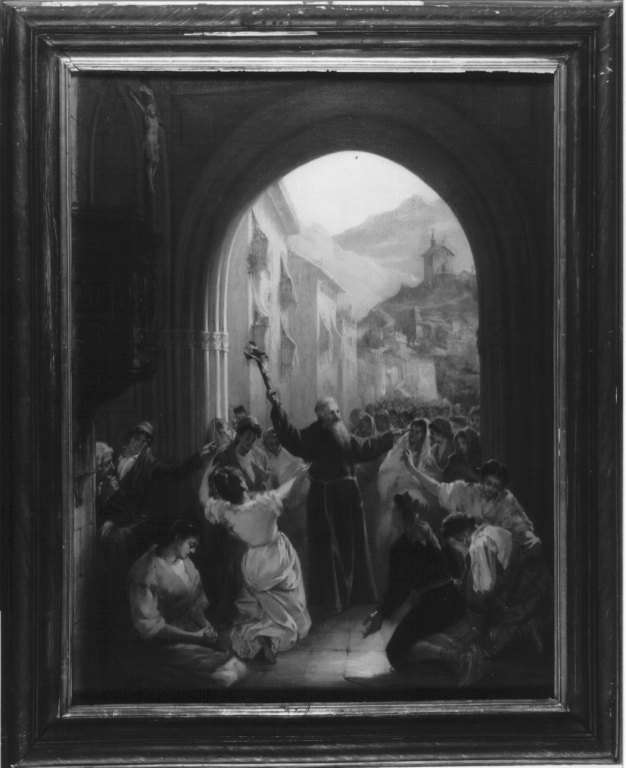 predica di un frate cappuccino all'ingresso di una chiesa (dipinto) - ambito napoletano (metà sec. XIX)