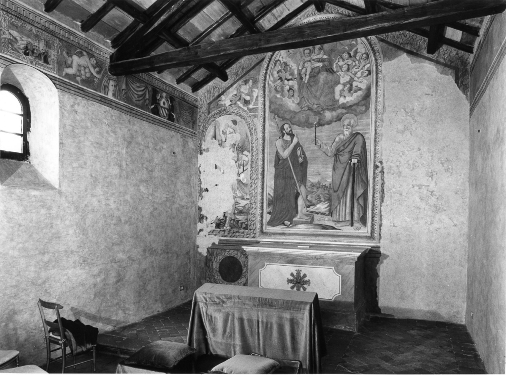 Fregio con festoni, paesaggi, trofei, stemmi e San Michele Arcangelo (decorazione pittorica) - ambito laziale (sec. XIX)