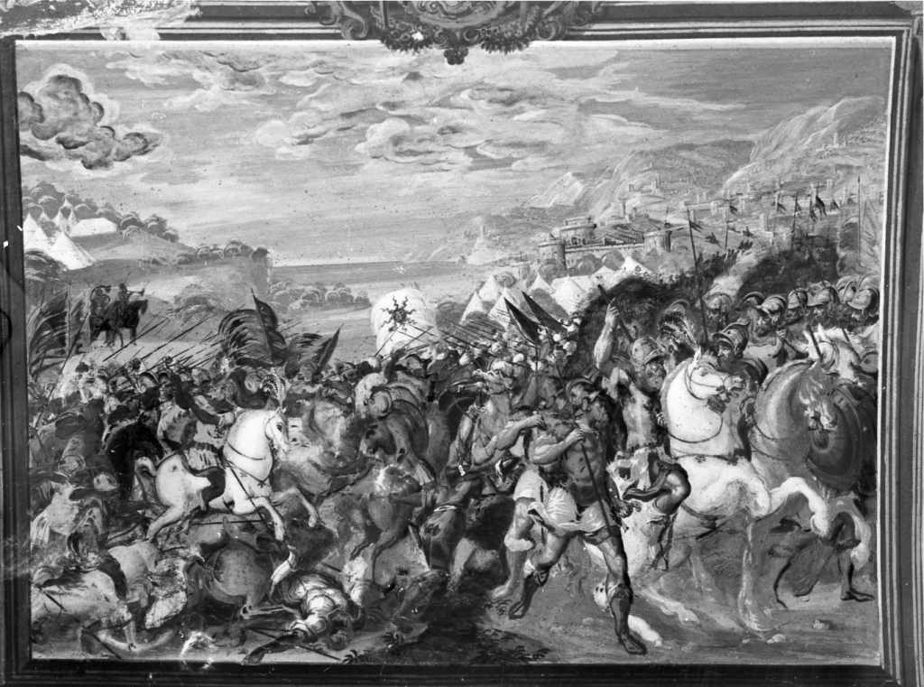 paesaggio con scena di battaglia (dipinto) di De Witte Cornelio (sec. XVI)