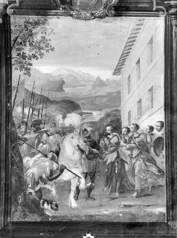 incontro tra un guerriero e cinque gentildonne (dipinto) di De Witte Cornelio (sec. XVI)