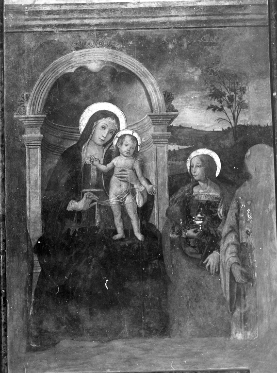 Madonna con Bambino, Santa Maria Maddalena e un santo (dipinto, elemento d'insieme) di Aquili Antonio detto Antoniazzo Romano (cerchia) (fine sec. XV)
