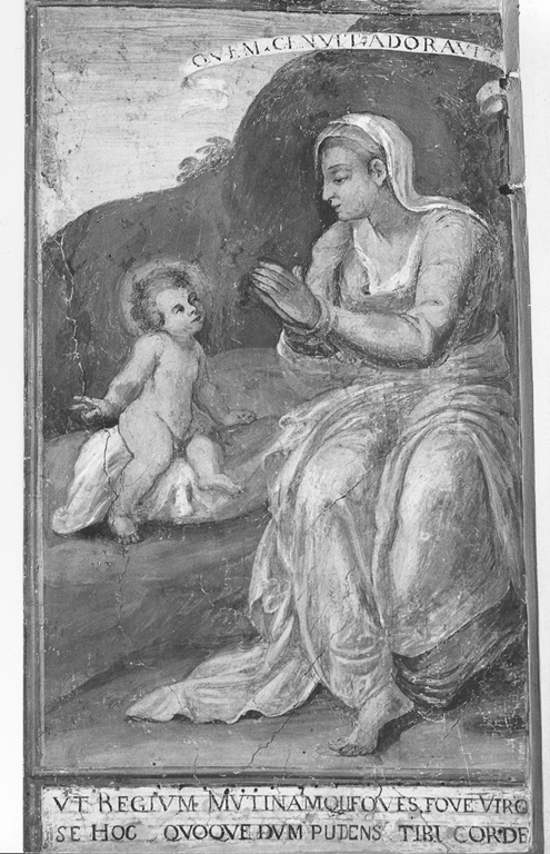 Madonna in adorazione di Gesù Bambino (dipinto) di Manenti Vincenzo (sec. XVII)