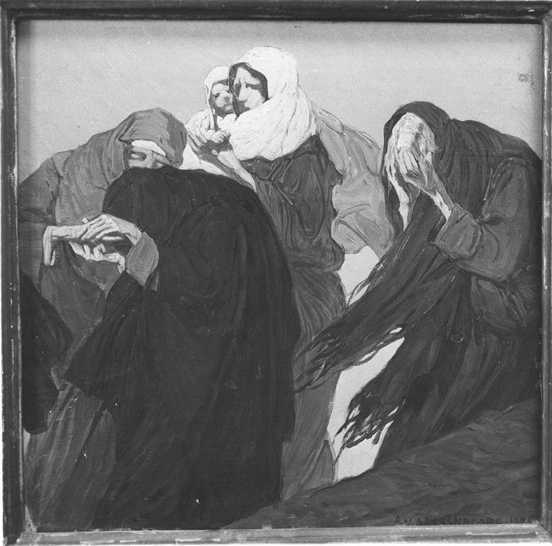 passa il dolore, gruppo di donne (dipinto) di Calcagnadoro Antonino (sec. XX)