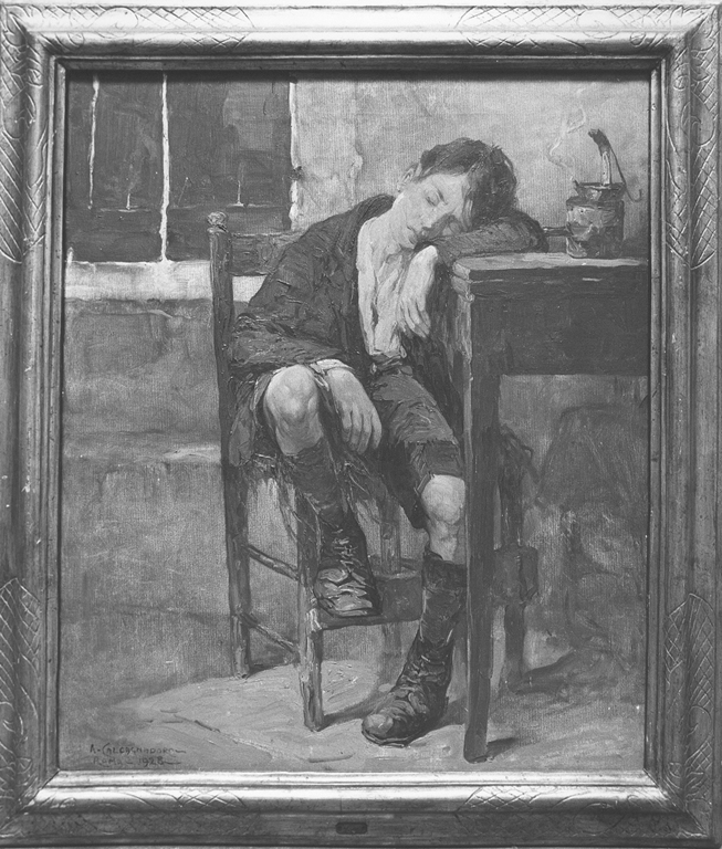 papà non torna, bambino addormentato (dipinto) di Calcagnadoro Antonino (sec. XX)