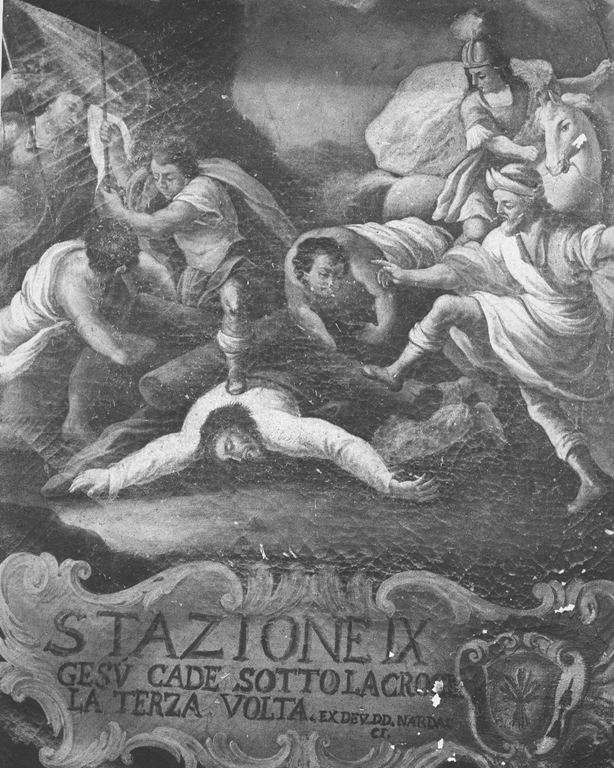 stazione IX: Gesù cade sotto la croce la terza volta (dipinto) - ambito Italia centrale (fine sec. XVIII)