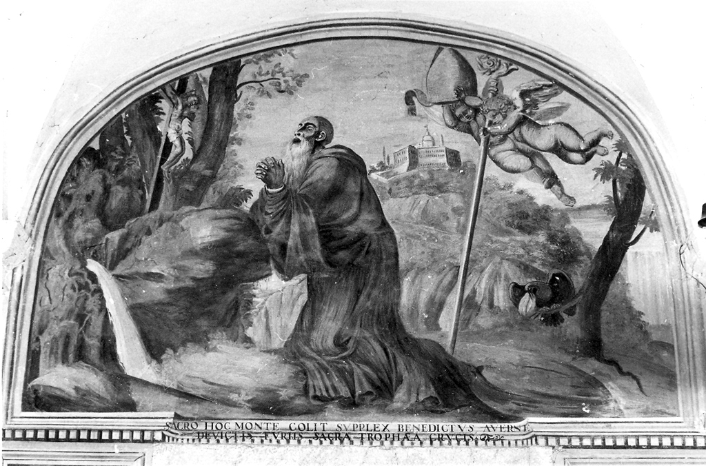 San Benedetto in preghiera davanti al crocifisso (dipinto) - scuola romana (sec. XVII)