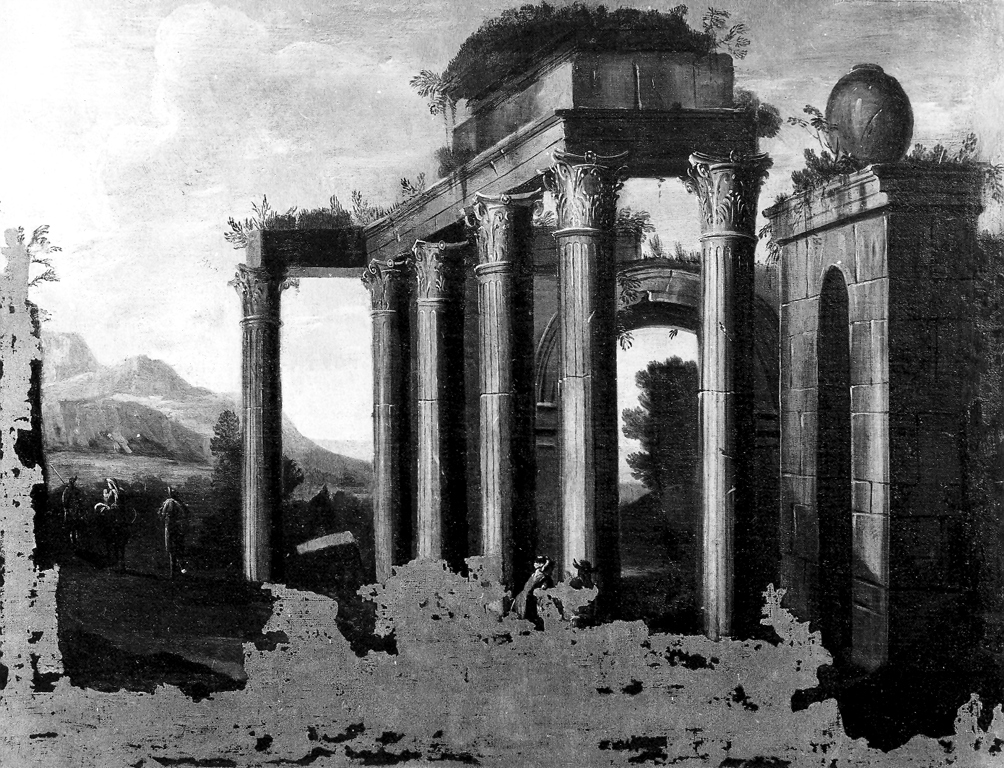 scena pastorale con rovine (dipinto) - scuola romana (sec. XVIII)