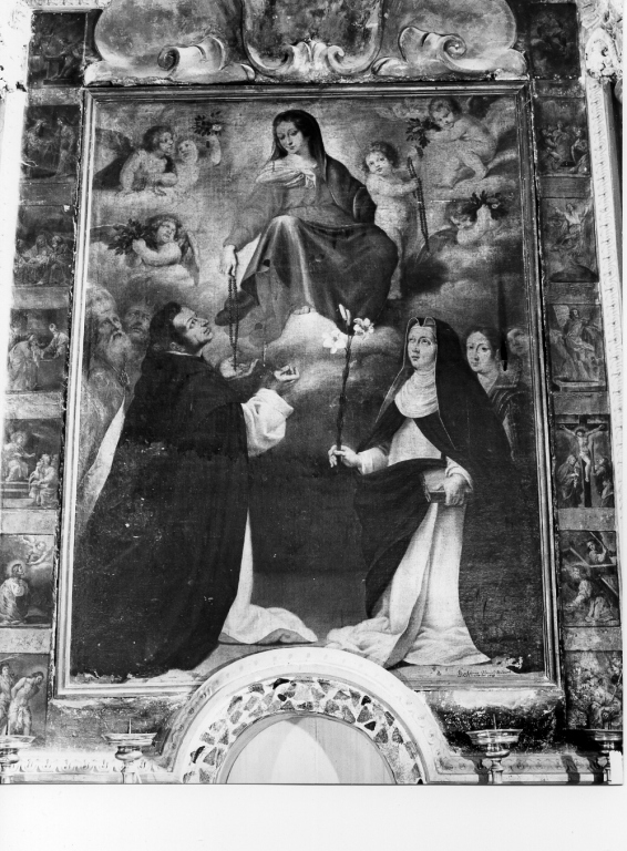 Madonna del Rosario con San Domenico e Santa Caterina, santi e misteri del rosario (dipinto) - ambito laziale (sec. XVII)