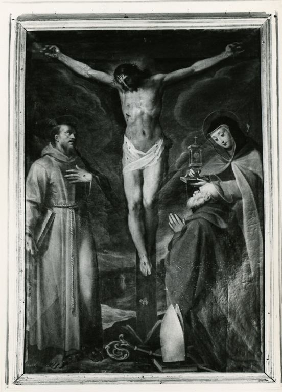 Cristo crocifisso con San Francesco d'Assisi, Santa Chiara e San Bernardo (dipinto) - ambito Italia centrale (prima metà sec. XVII)
