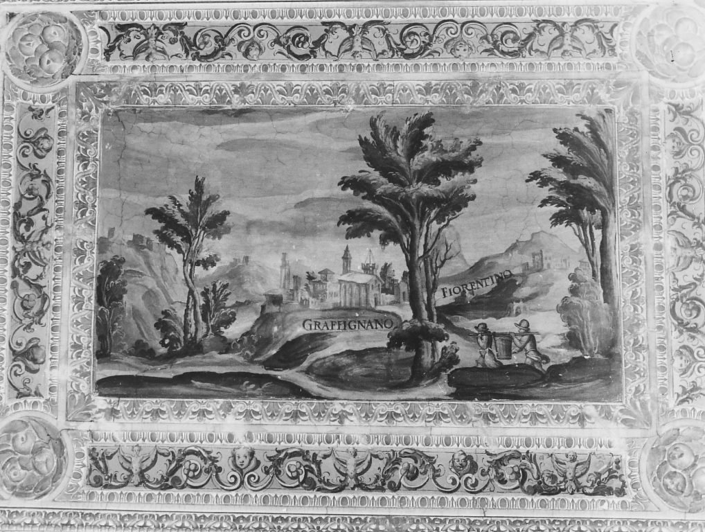 veduta di Graffignano e Fiorentino (dipinto) di Ligustri Tarquinio (sec. XVI)