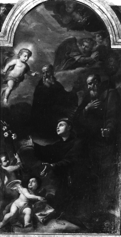 Gesù Bambino appare a Sant'Antonio da Padova, Sant'Antonio Abate e a San Francesco da Paola (dipinto) di Pozzi Stefano (sec. XVIII)