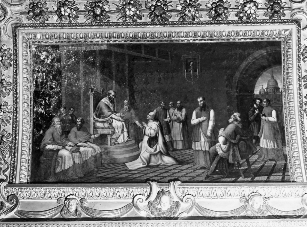 Papa Urbano II riceve San Bruno nel Palazzo Vaticano (dipinto) di Battelli Giuseppe (sec. XIX)