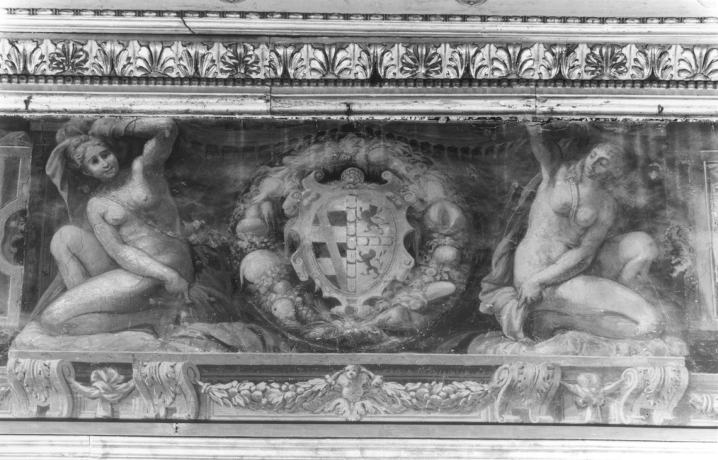 stemma Massimo tra due cariatidi (dipinto) di Bonaccorsi Pietro detto Perin del Vaga (e aiuti) (sec. XVI)