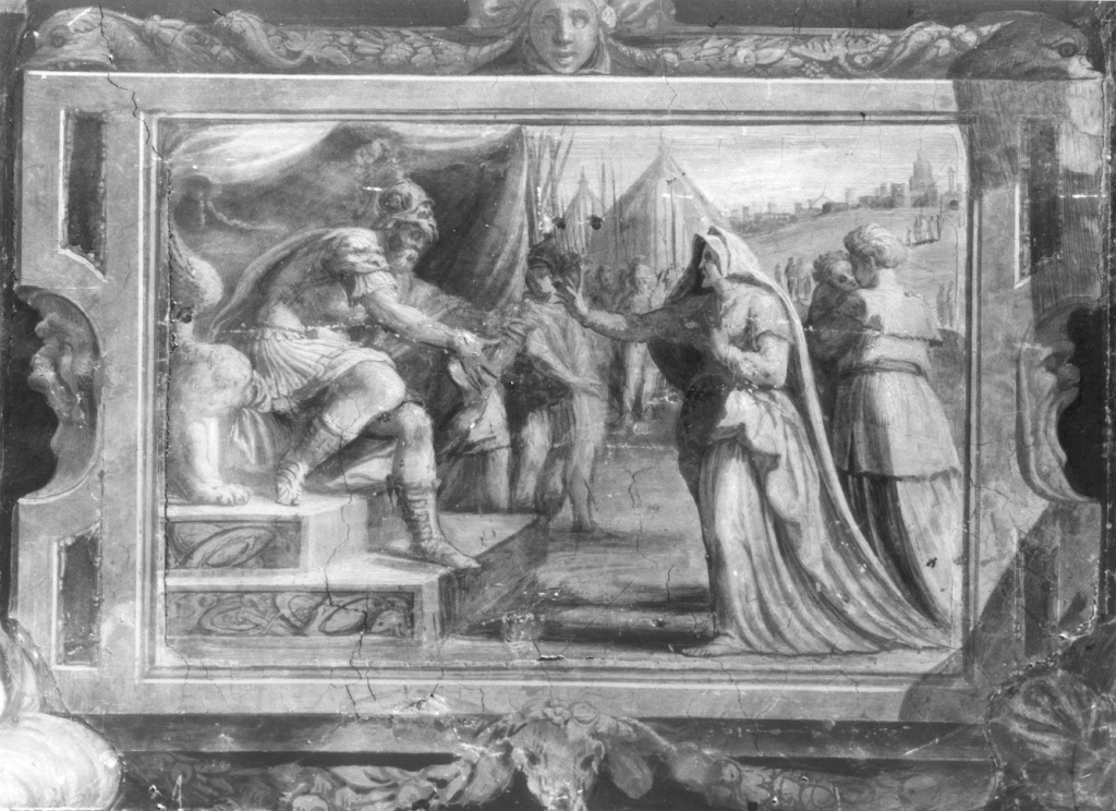 Episodio storico: una supplice viene accolta dal comandante vincitore (?) (dipinto) di Bonaccorsi Pietro detto Perin del Vaga (e aiuti) (sec. XVI)