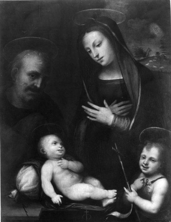 Sacra Famiglia con San Giovannino (dipinto) di Albertinelli Mariotto, Della Porta Bartolomeo detto Fra' Bartolomeo (sec. XVI)