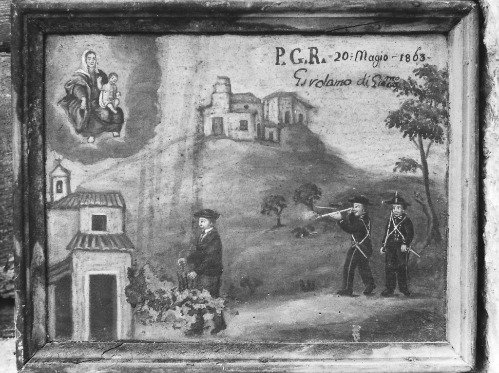 miracoloso intervento della Madonna a soccorso di un uomo preso di mira dai fucili di due guardie (ex voto - dipinto) - ambito reatino (sec. XIX)