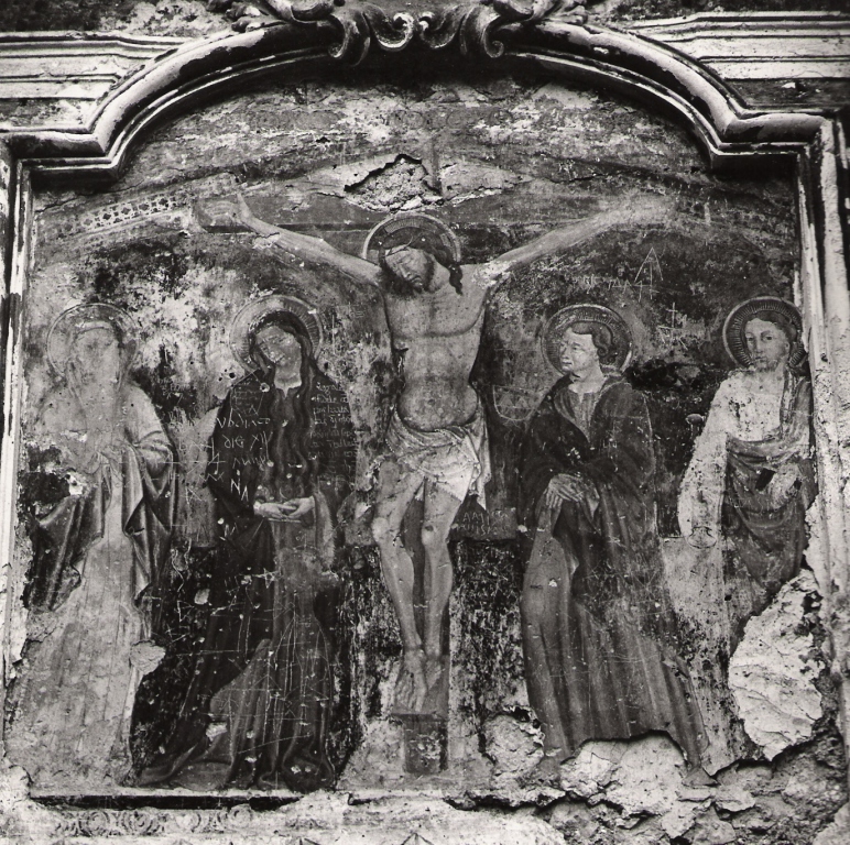 Cristo crocifisso con la Madonna, Santa Maria Maddalena, San Giovanni evangelista e San Giacomo (dipinto) - ambito Italia centro-meridionale (prima metà sec. XV)