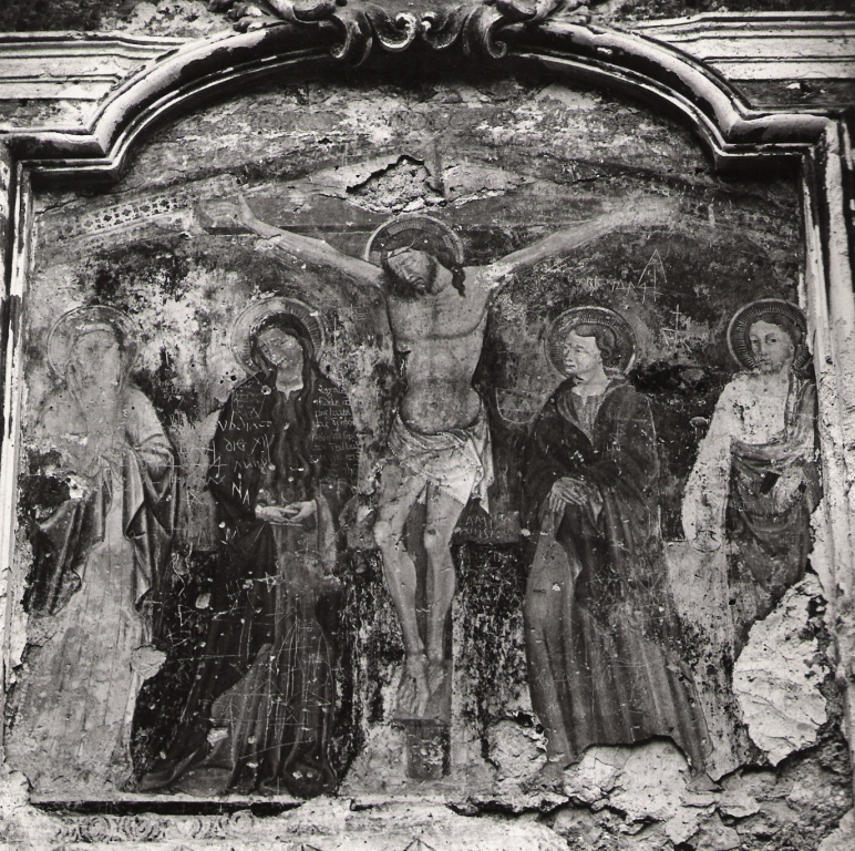 Cristo crocifisso con la Madonna, Santa Maria Maddalena, San Giovanni evangelista e San Giacomo (dipinto) - ambito Italia centro-meridionale (prima metà sec. XV)