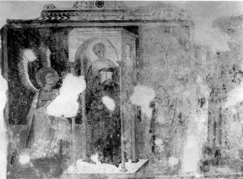 Annunciazione e figura nimbata (dipinto) - ambito laziale (metà, seconda metà sec. XIV, sec. XIV)