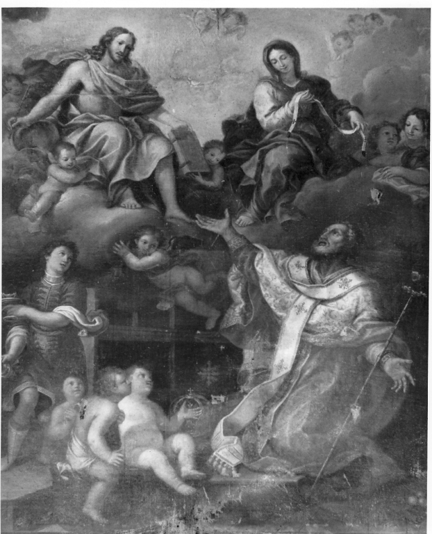 Cristo e la Madonna appaiono a San Nicola di Bari (dipinto) di Conca Sebastiano (scuola) (metà sec. XVIII)