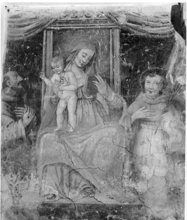 Madonna in trono con Bambino tra San Francesco e Sant'Antonio da Padova (dipinto) - ambito laziale (sec. XVI)