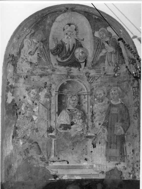 Madonna in trono con Bambino tra Sant'Antonio da Padova, San Luca, San Lorenzo e Santo monaco (dipinto) - ambito laziale (sec. XVI)
