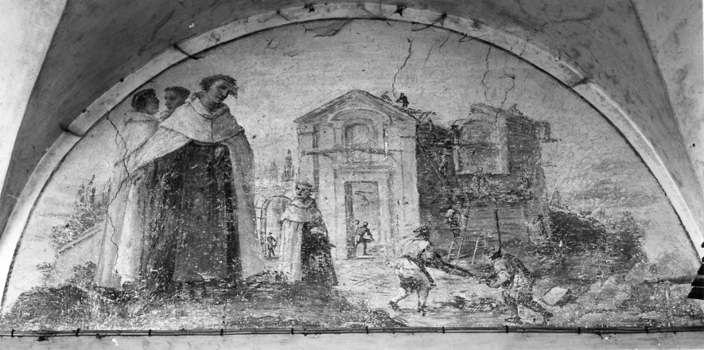 Frati carmelitani assistono all'edificazione di una chiesa (dipinto) di Paticchi Antonio (sec. XVIII)