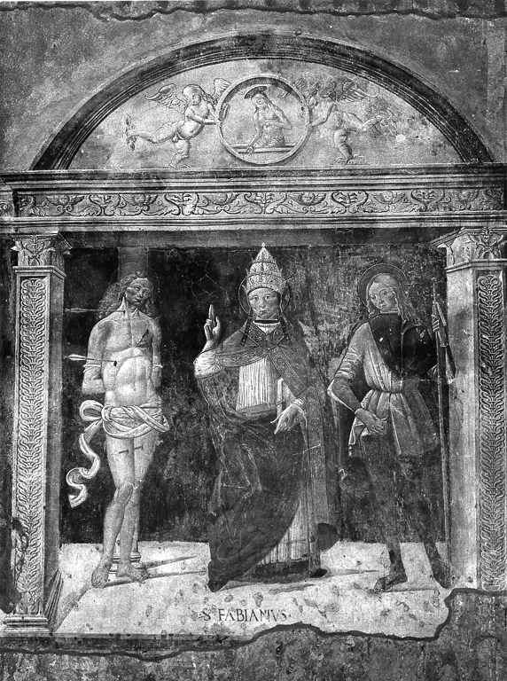 San Fabiano vescovo tra San Sebastiano e San Rocco (dipinto, ciclo) di Antonio del Massaro detto Pastura (scuola) (sec. XV)