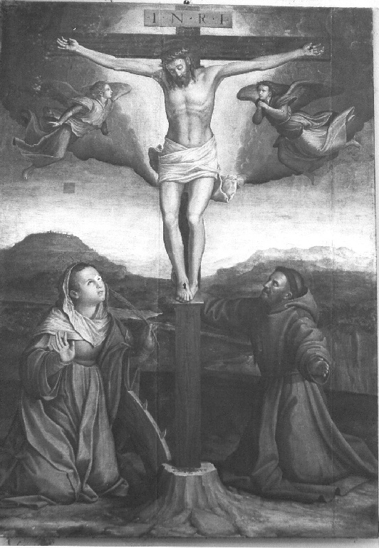 Cristo crocifisso con San Francesco e Caterina d'Alessandria (dipinto) - ambito umbro (sec. XVII)
