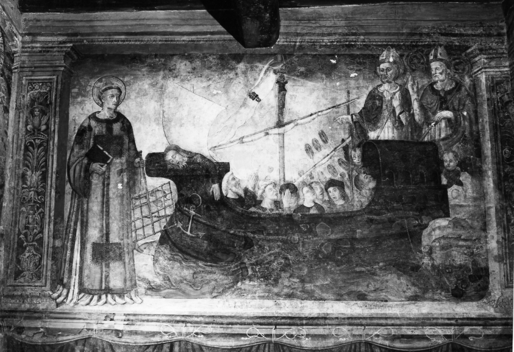 San Lorenzo e l' apparizione di due Santi vescovi (dipinto) - ambito laziale (seconda metà sec. XV)