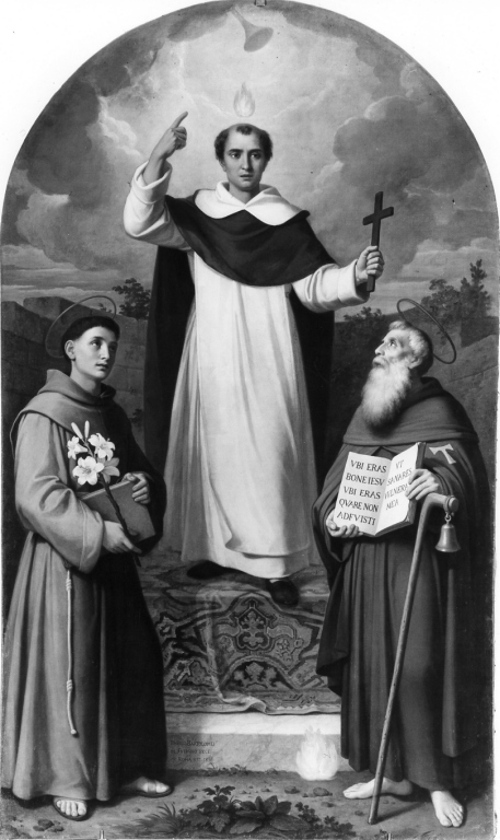 San Vincenzo Ferreri con Sant' Antonio da Padova e Sant' Antonio Abate (dipinto) di Bartolomei Enrico (sec. XIX)