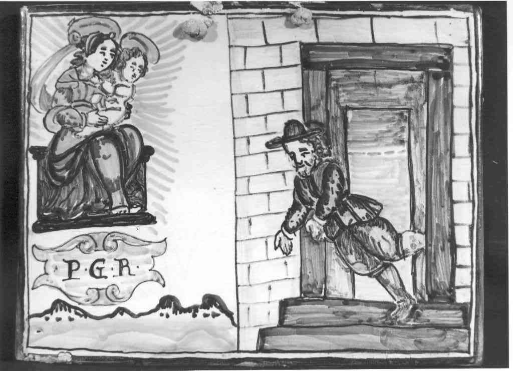 La Madonna con il Bambino soccorre un uomo caduto dalle scale (mattonella) - ambito laziale (secc. XVII/ XVIII)