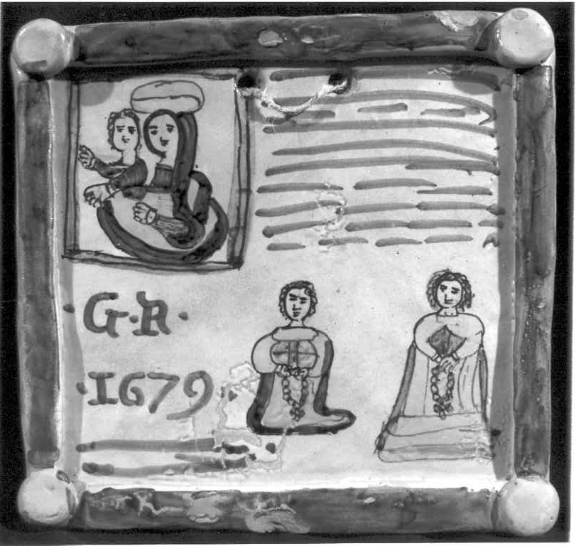 La Madonna con il Bambino e due oranti (mattonella) - ambito laziale (ultimo quarto sec. XVII)