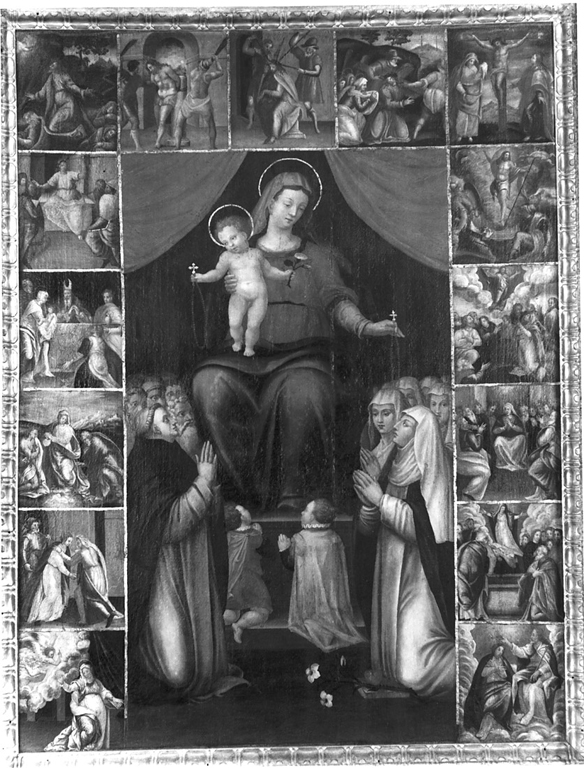 Madonna del Rosario con Santi domenicani e misteri del rosario (dipinto) - ambito laziale (fine/inizio secc. XVI/ XVII)