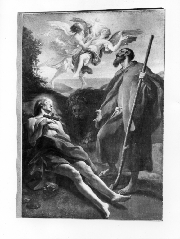 Zosimo e il leone seppelliscono il corpo di Santa Maria Egiziaca (dipinto) di Benefial Marco (prima metà sec. XVIII)