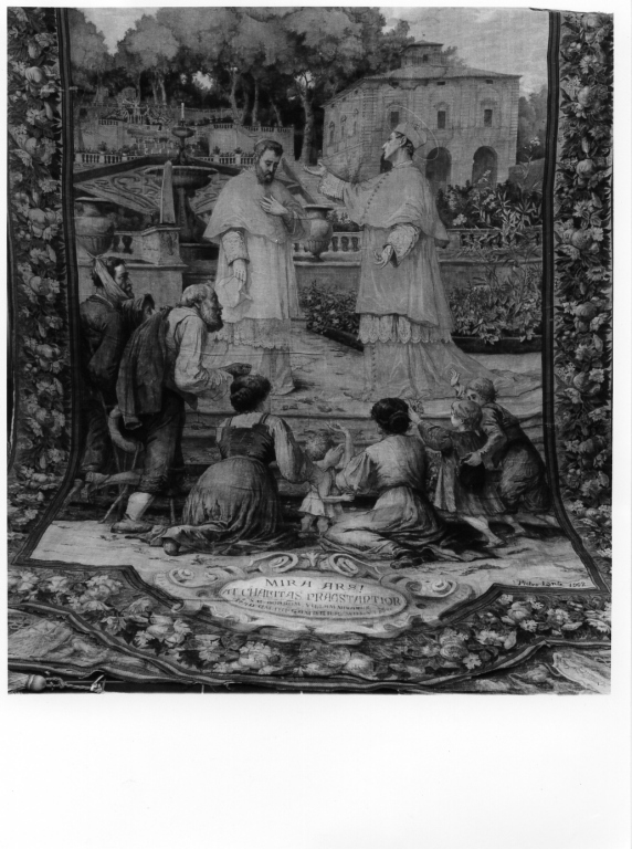 Visita di San Carlo alla Villa di Bagnaia, San Carlo Borromeo con sacerdoti tra i poveri (stendardo processionale) di Lante Pietro (sec. XX)