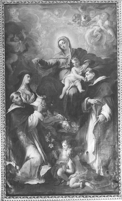 Madonna del Rosario con San Domenico, Santa Caterina da Siena e San Pietro Martire (dipinto) di Scilla Agostino (ultimo quarto sec. XVII)