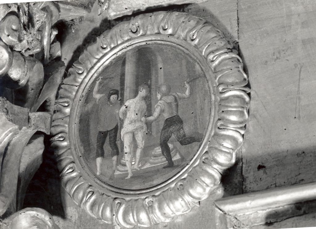 Flagellazione, Incoronazione di spine, Gesù cade sotto il peso della croce, Crocefissione (dipinto) di Giorgio da Orte (sec. XVI)