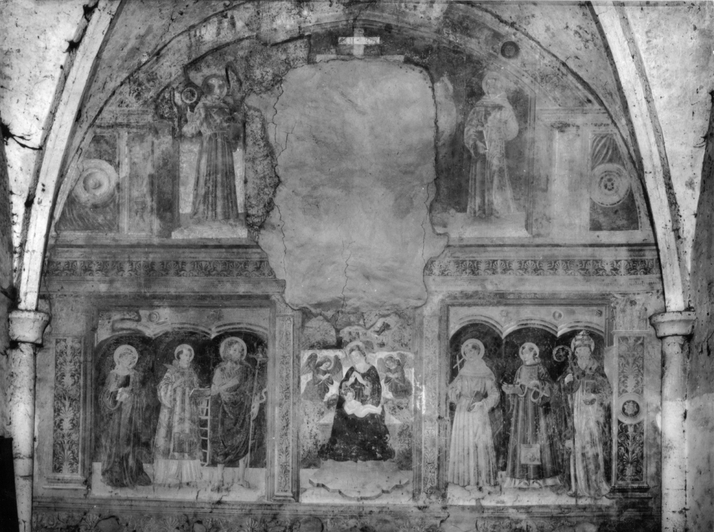 Madonna con Bambino e Santi (decorazione pittorica) di Velandi Domenico (attribuito) - ambito laziale (secc. XV/ XVI)