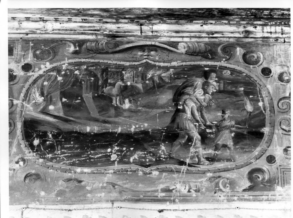 Enea e Anchise fuggono da Troia in fiamme (decorazione pittorica, ciclo) di Fontana Prospero (cerchia) (seconda metà sec. XVI)