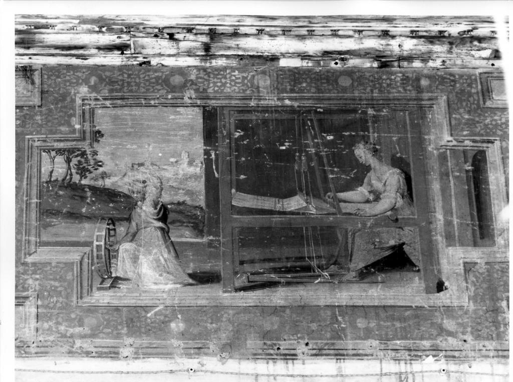 aracne sfida Minerva in una gara di tessitura (decorazione pittorica, ciclo) di Fontana Prospero (cerchia) (seconda metà sec. XVI)