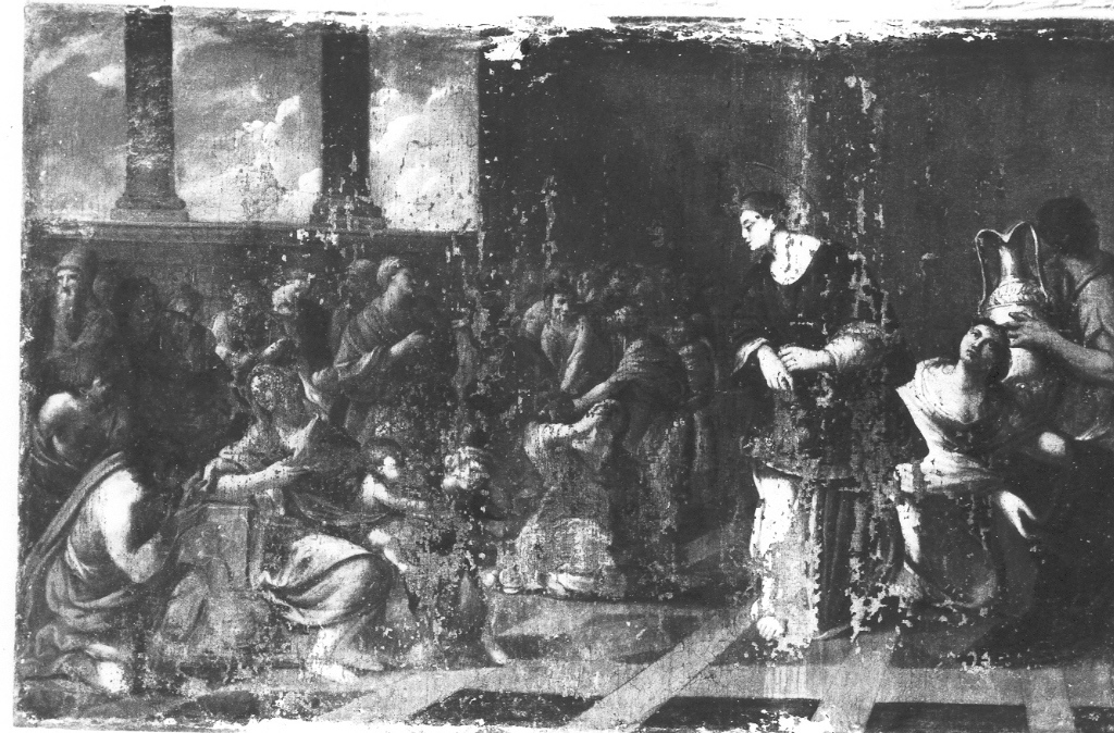 Santa Cecilia distribuisce i suoi beni ai poveri (dipinto, opera isolata) - ambito laziale (sec. XVIII)