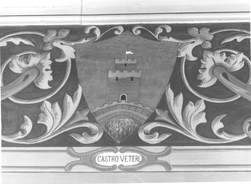 Soffitto con motivi decorativi geometrici e vegetali e fregio con stemmi delle contrade e dei rioni di Tivoli (dipinto, complesso decorativo) - ambito laziale (sec. XVI)